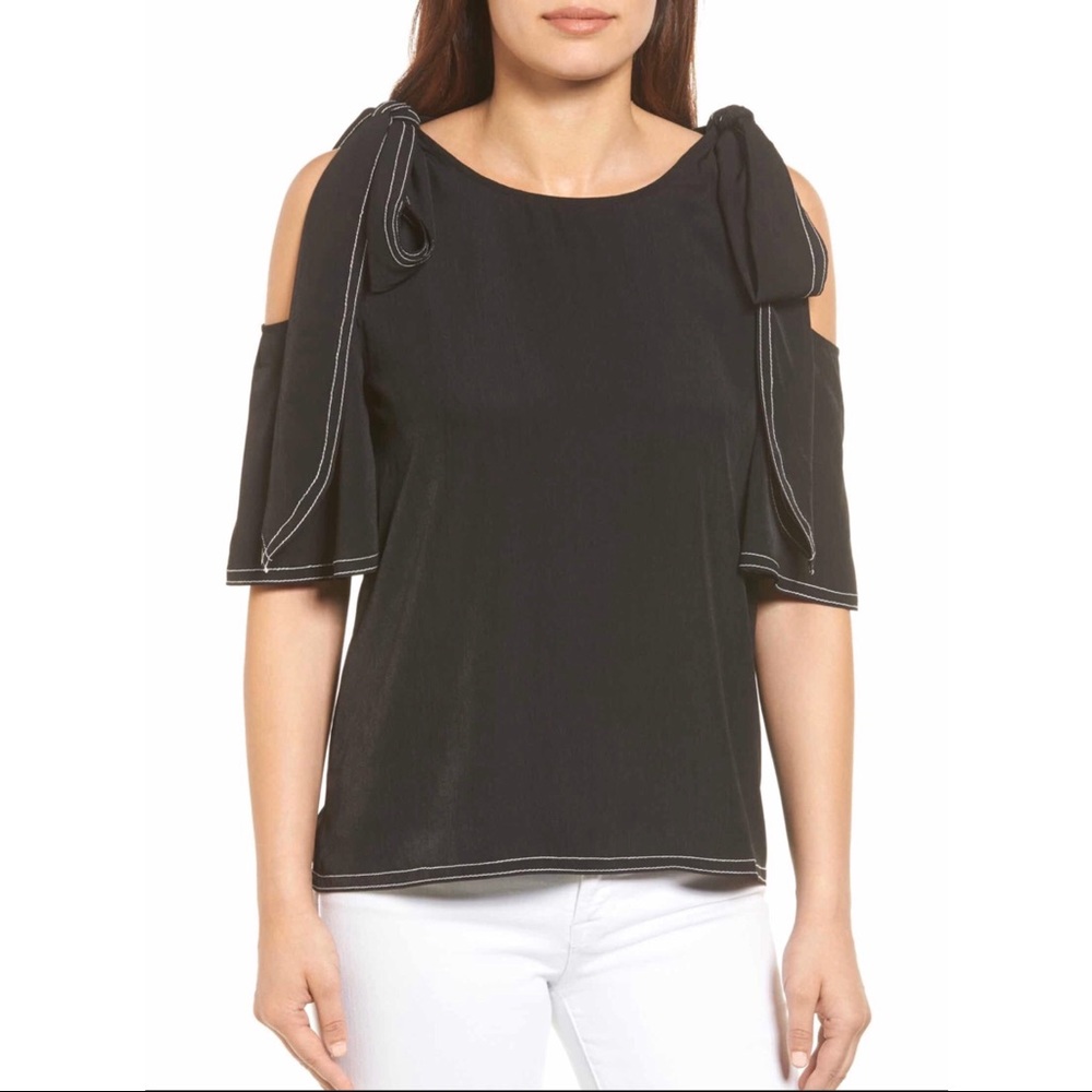 Halogen Cold Shoulder Tie Top Ribbon Black XS Bow Blouse Relaxed Fit